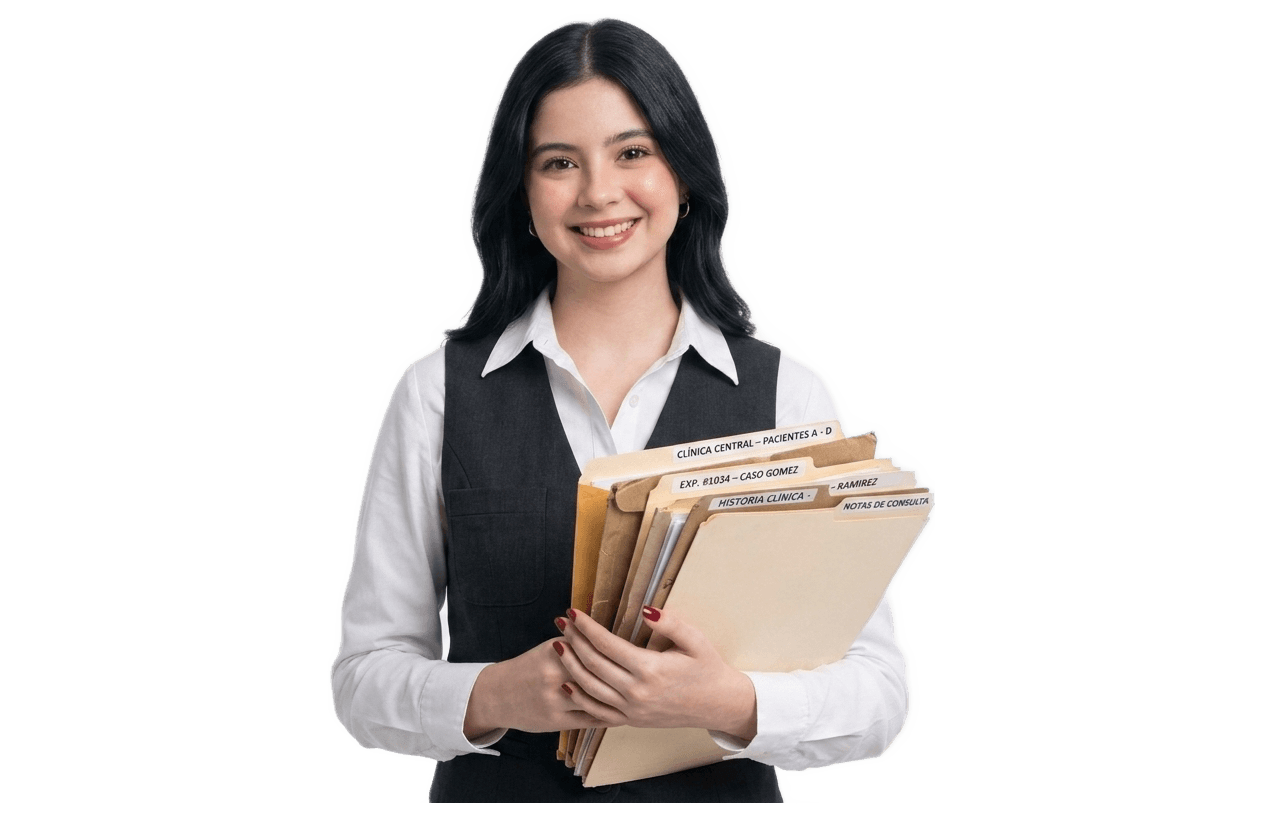 Asistente médica de clínica sosteniendo expedientes