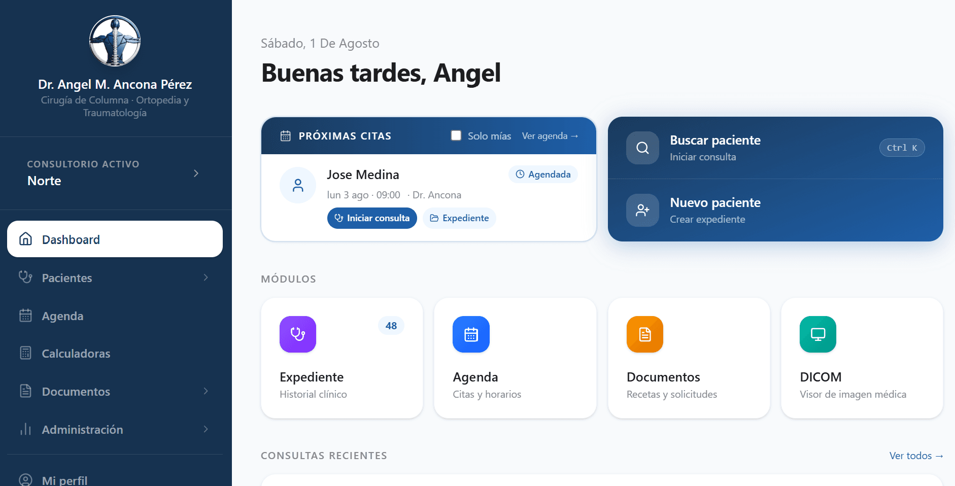 Panel principal de Spinus: barra lateral con Dashboard, Pacientes, Agenda, Calculadoras, Documentos y Administración; tarjeta de próximas citas con la consulta de un paciente y botones para iniciar consulta o abrir su expediente; y accesos directos a los módulos de expediente, agenda, documentos y visor DICOM.